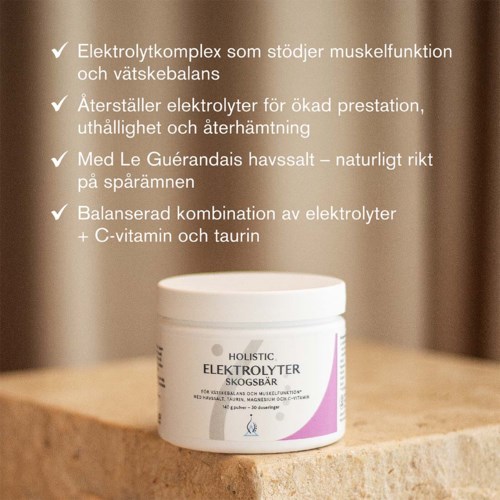 En produktbehållare märkt "ELEKTROLYTTER" står på en träyta, med en lista över fördelar ovanför, skriven på svenska.