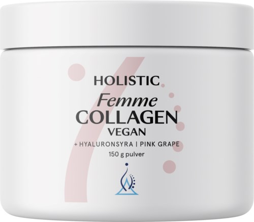 En hvit beholder merket som vegansk kollagenpulver med rosa druer, hyaluronsyre og rosa detaljer.