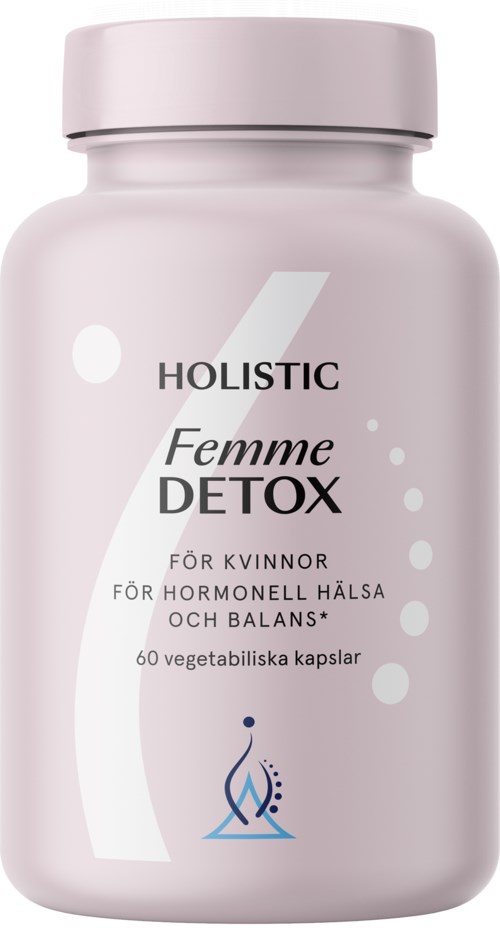 En rosa flaska märkt 'HOLISTIC Femme DETOX' för kvinnors hormons hälsa och balans, med 60 vegetabiliska kapslar.