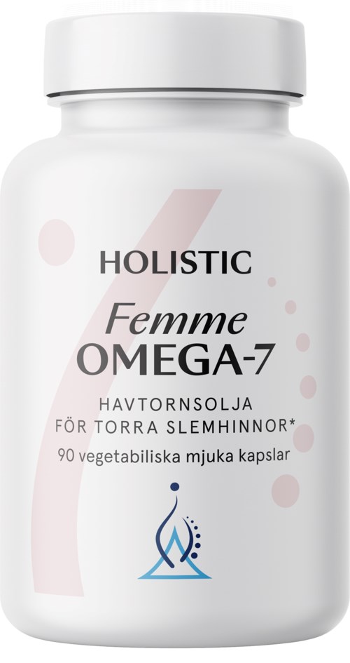 Flaska med omega-7 mjuka kapslar för torr kvinnlig hud, med 90 kapslar, märkt "HOLISTIC Femme OMEGA-7."