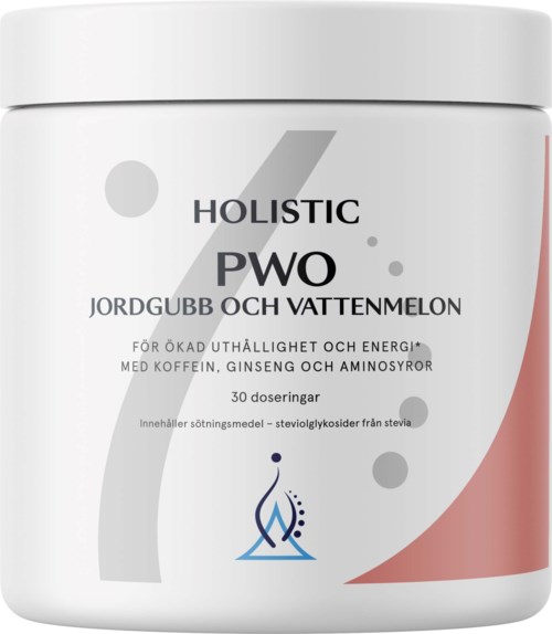 Holistic PWO supplement with strawberry watermelon flavor, 30 doses, boosts energy, contains caffeine, ginseng, amino acids.