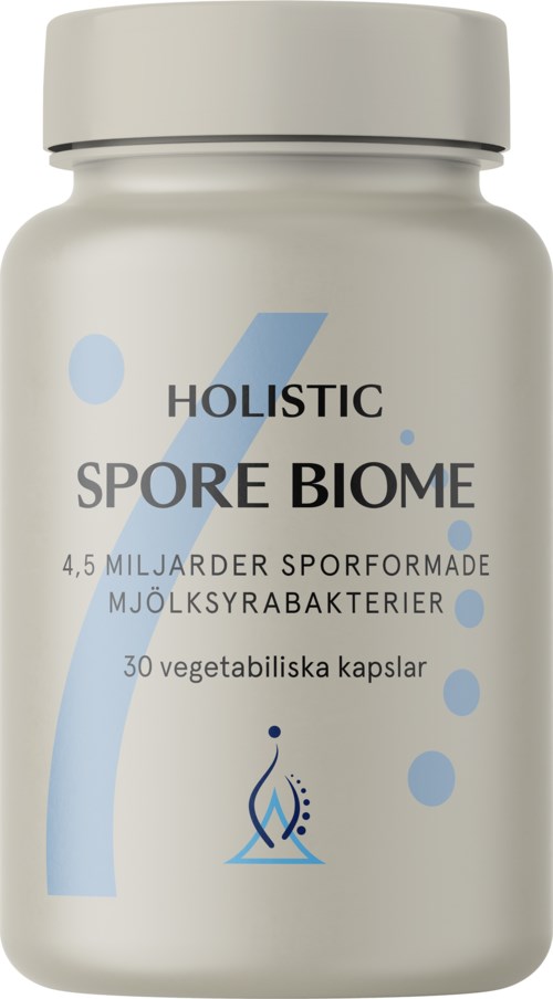 Flaska med kapslar med etikett som visar att de innehåller 30 vegetariska kapslar för hud och bakteriehälsa.