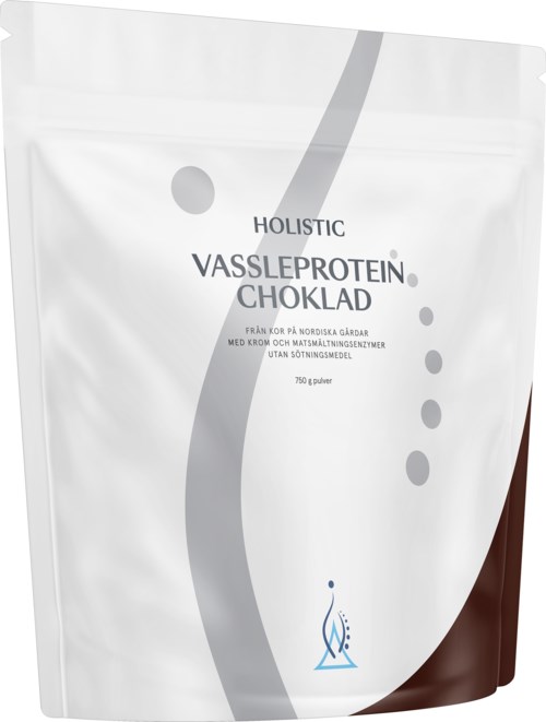 Förpackning för holistic chokladproteinpulver med svensk text och minimal design.
