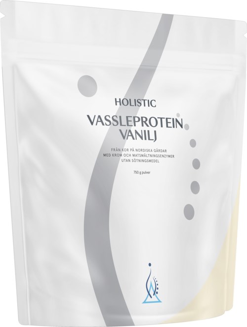 En vit påse med text om vaniljprotein som kommer från nordiska gårdar, väger 750g och är osötad.