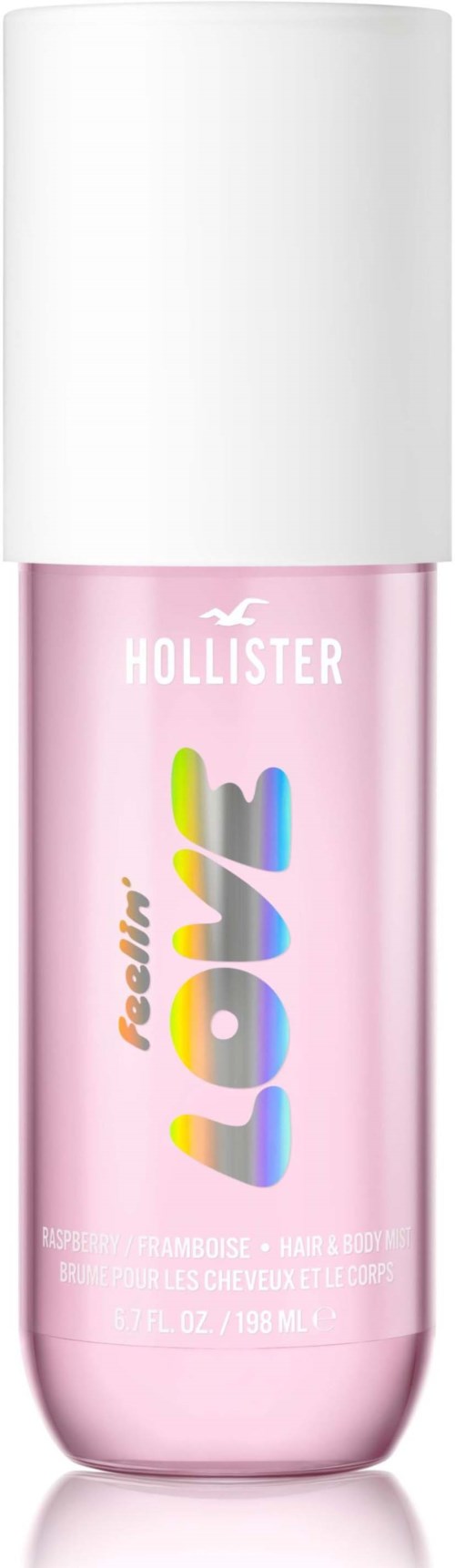 Pink lip gloss bottle with white cap, Hollister and Love names on it, looks cute and sweet.