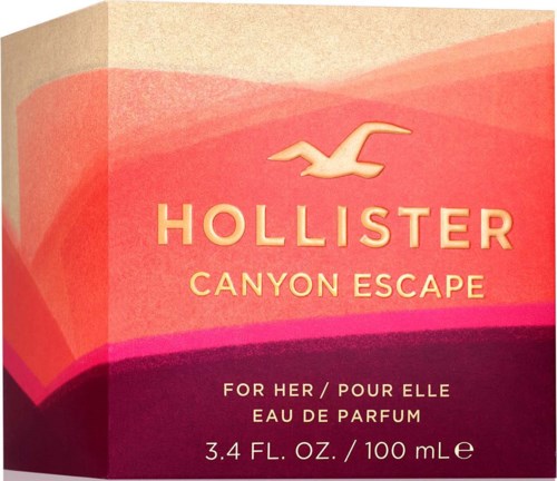 Pudełko perfum z różowymi i pomarańczowymi kolorami, pokazujące ptaka i słowa 'Hollister Canyon Escape'.
