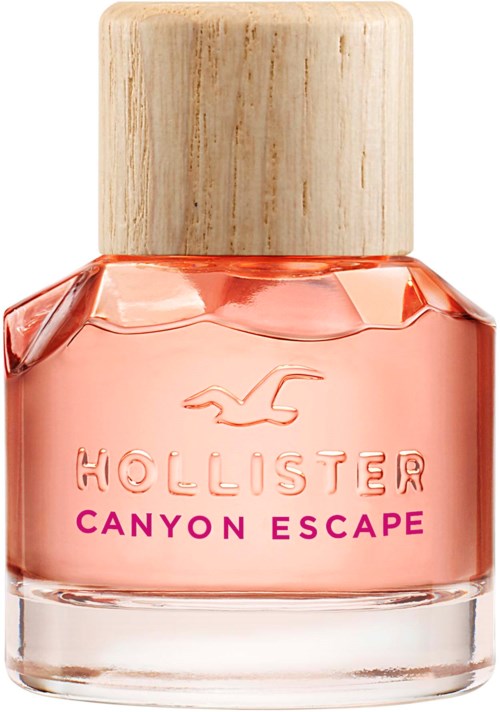 Eine kleine Glasflasche mit pinkem Nagellack und Holzdeckel, beschriftet 'Hollister Canyon Escape.'