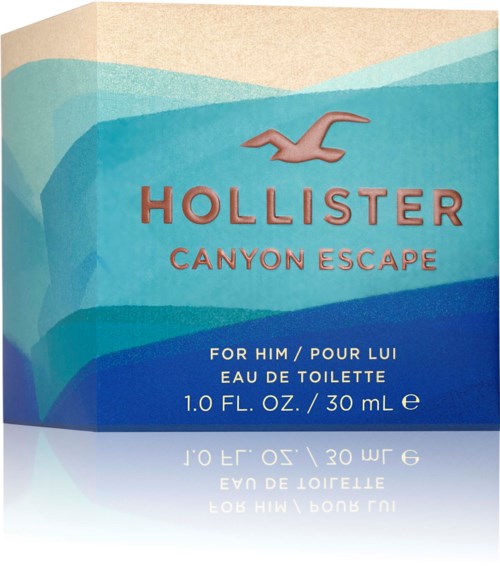 Pudełko Hollister Canyon Escape dla mężczyzn, 30 ml, w niebiesko-turkusowych kolorach z logo ptaka.