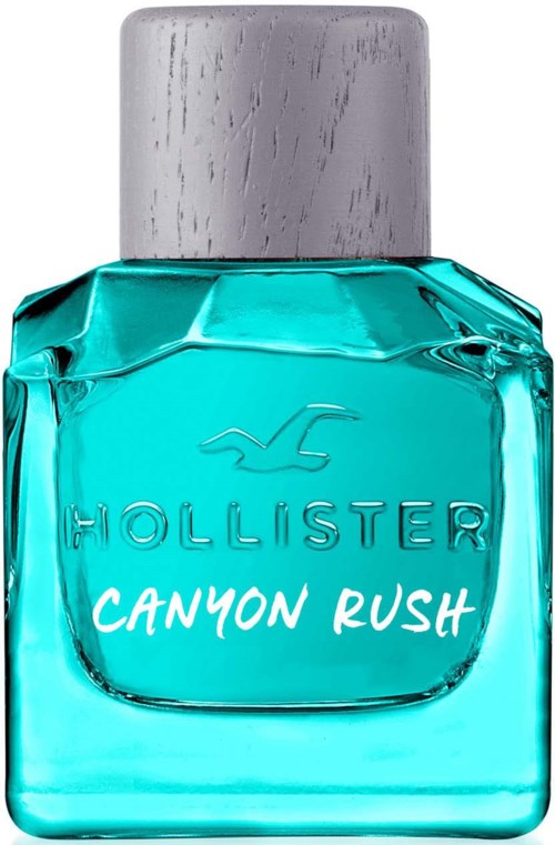 Turkusowa butelka z srebrną nakrętką, oznaczona 'Hollister Canyon Rush', wygląda świeżo i letnio.