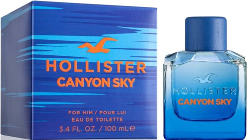 Niebieskie opakowanie i butelka perfum męskich Hollister Canyon Sky, z logo ptaka i pomarańczowym tekstem.