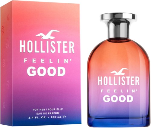Różowe i fioletowe gradientowe pudło oraz butelka perfum z srebrną zakrętką, marki Hollister Feeling Good.