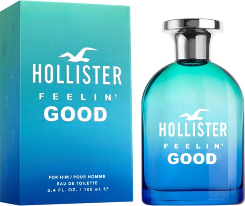 Butelka perfum męskich Hollister Feelin' Good obok opakowania, w odcieniach niebieskiego i zielonego.