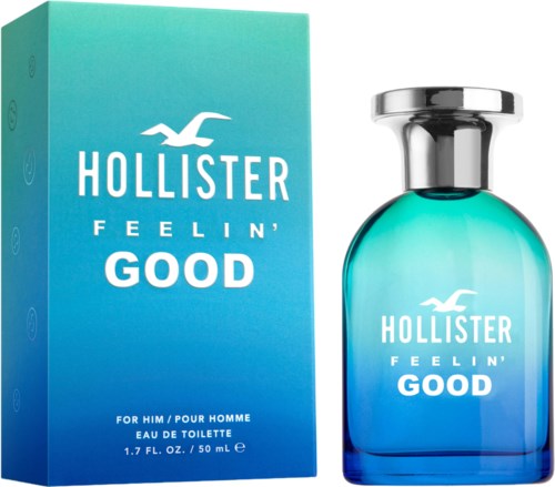 Butelka perfum i opakowanie z gradacją od niebieskiego do zielonego, logo i tekst 'Hollister Feelin' Good'.