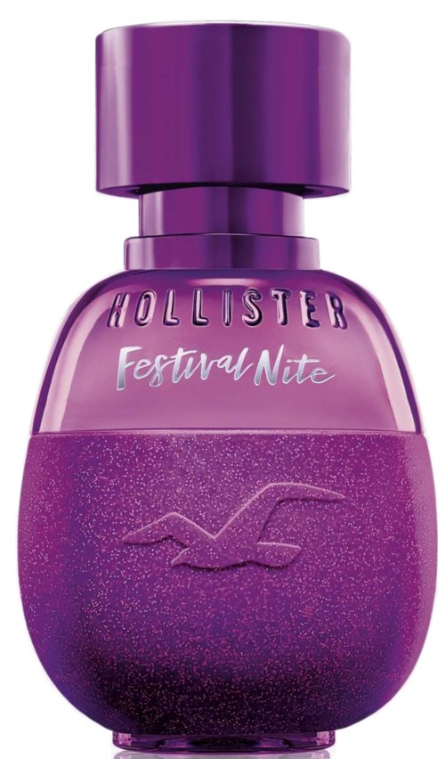 En lila parfymerflaska med en glänsande lock, märkt 'Hollister Festival Nite' och en måsfot på den nedre delen.