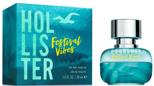 En blå parfymflaska och box med orden "HOLLISTLER Festival Vibes" och en fågellogo.