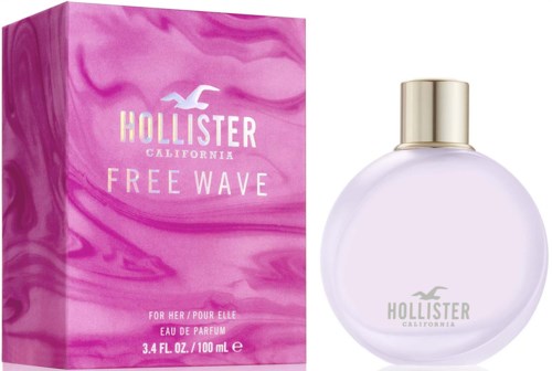 Różowe opakowanie i biała butelka perfum z złotym korkiem, marka Hollister, nazwana Free Wave.
