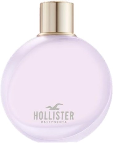 En rund, lysende lilla Hollister-parfymeflaske med gullhette og logo i midten.
