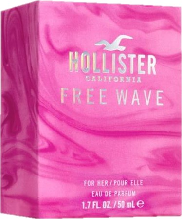 Rosa emballasje med hvit og sølv tekst for Hollister Free Wave-parfyme.