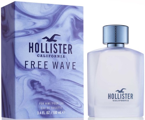Butelka perfum i pudełko z fioletowymi i białymi falami, oznaczone Hollister Free Wave, California, 100 ml.
