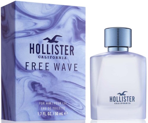 Butelka perfum i pudełko z niebiesko-białym wzorem marmuru, oznaczone Hollister Free Wave.