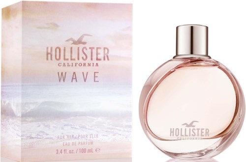 Butelka perfumy Hollister California Wave i jej pudełko z motywem zachodu słońca i morza.