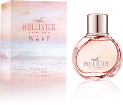 Butelka perfum i pudełko w różowych i pastelowych kolorach, z motywem fal i logo Hollister California.