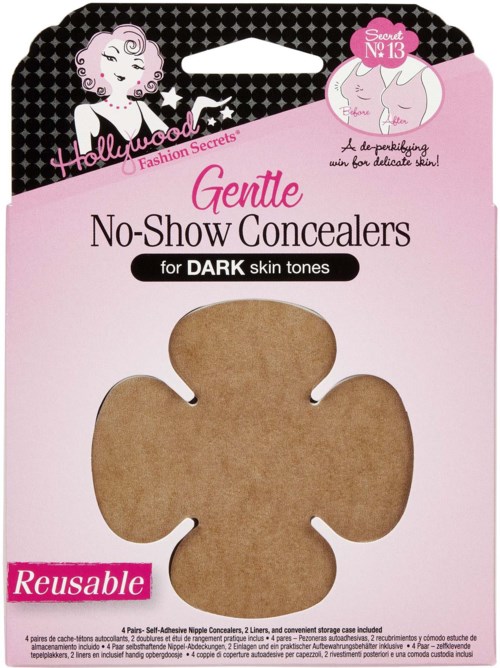 A package for reusable gentle concealers designed for dark skin tones, with a pink and black design and a cloud character.