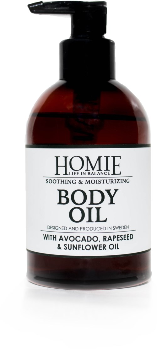 En brun flaske med pumpe, merket 'Home Life in Balance Body Oil' med avokado, raps og solsikkeolje.