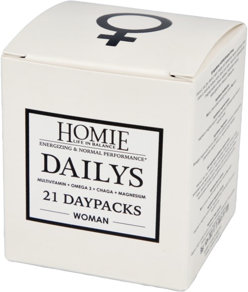 En vit låda märkt "Homel Dailys" med en kvinnosymbol på toppen, innehållande 21 paket med multivitaminer för kvinnor.