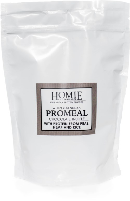 En vit påse med etikett för HOMIE PROMEAL chokladtryffelpulver med ärtor, hampa och ris.