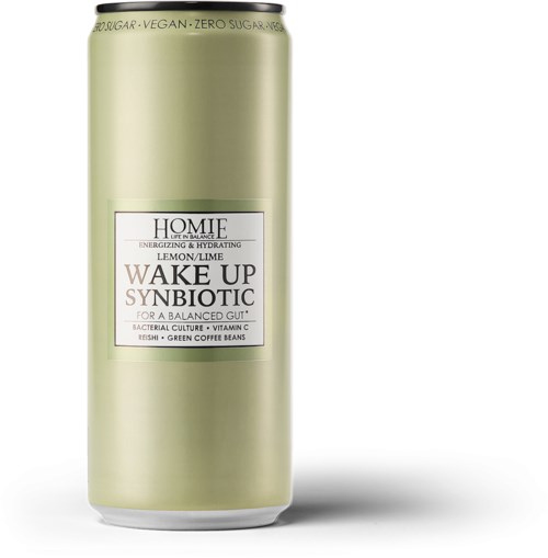 Pitkä, vihreä tölkki, jossa lukee 'Wake Up Synbiotic' ja mainitsee sitruuna/lime-makua, vitamiineja ja probiootteja.