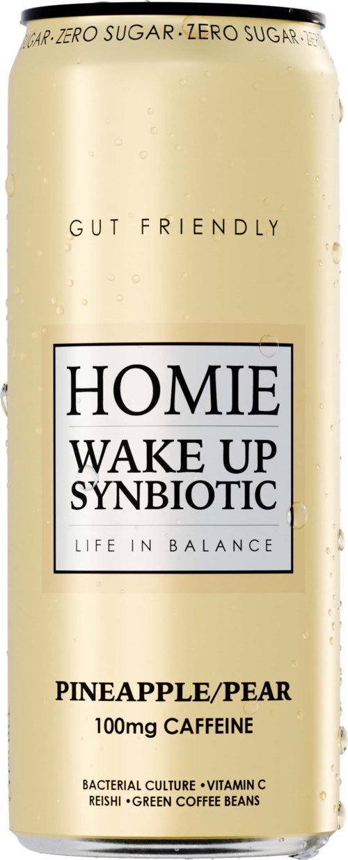 A can of Homie Wake Up Synbiotic drink with pineapple and pear flavor, contains caffeine, promoting balance and gut friendliness.