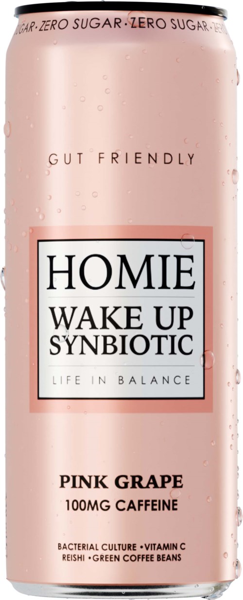 Różowa puszka napoju o nazwie HOMIE Wake Up Synbiotic, oznaczona jako przyjazna dla jelit, smak różowego winogrona i kofeina.