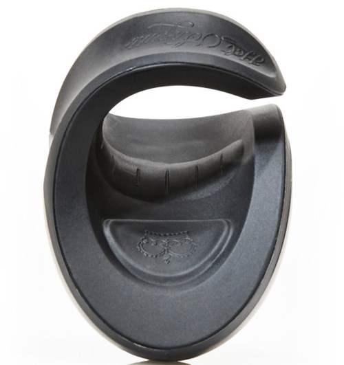 A black, oval-shaped earbud case with a lid and a small compartment inside for storing earphones.