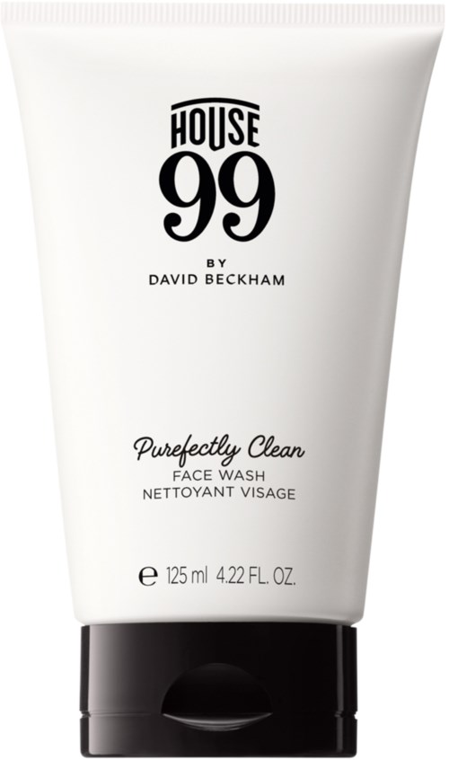 White face wash tube with black cap, labeled "House 99 by David Beckham. Purely Clean." Contains 125 ml.