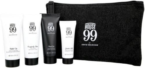 Ett groomingkit med fyra hudvårdsrör och en svart väska, märkt med House 99 och David Beckham.