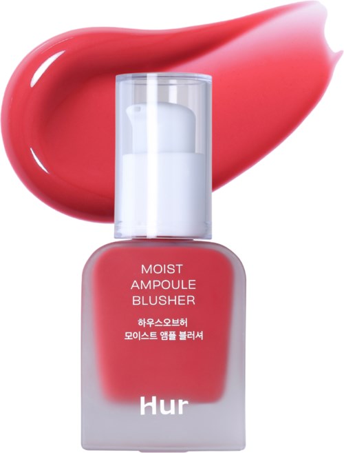 A pinkish-red beauty product bottle with a white cap, and a splash of matching color behind it.
