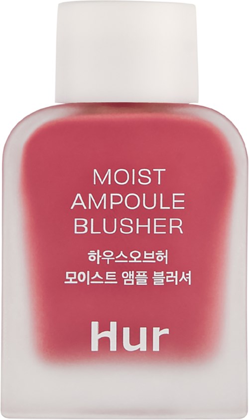 A small, white bottle with a pink label that says 'Moist Ampoule Blusher' and 'Hur' at the bottom.
