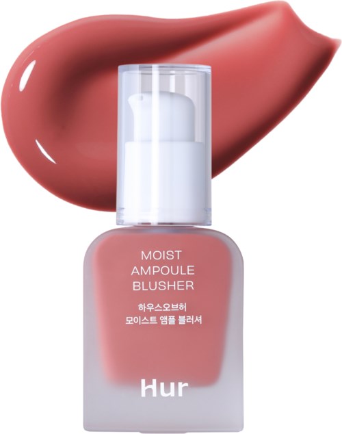 En rosa blush i en flaska med genomskinlig kork, framför en blushfärgad strykning.