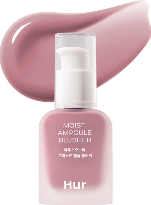 Ljusrosa flaska märkt 'Moist Ampoule Blusher' med ett sidoblock av rouge bakom.