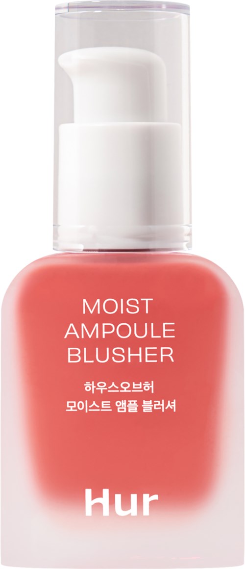 A peach-colored bottle with a white pump and clear cap. The label says 'Moist Ampoule Blusher' and 'Hur' at the bottom.