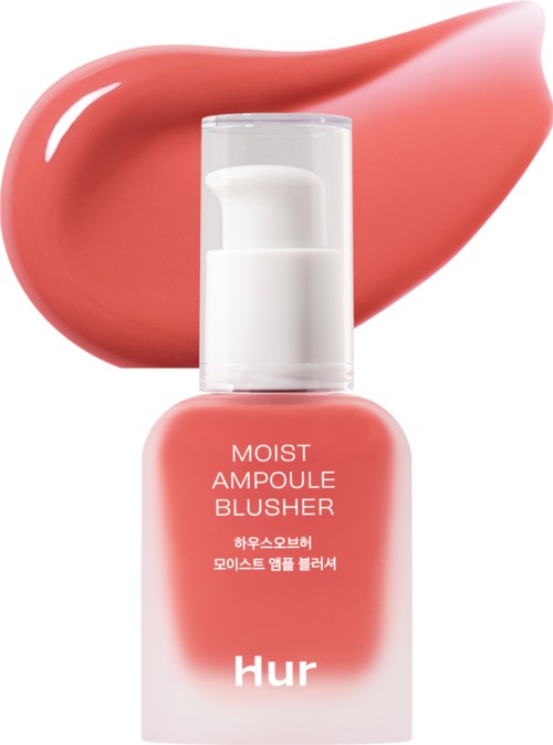 A bottle labeled 'Moist Ampoule Blusher' with pink cream on top, showing the product's name and description.
