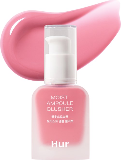 A pink bottle of moist ampoule blusher with a pump, with a pink blush spread beside it.