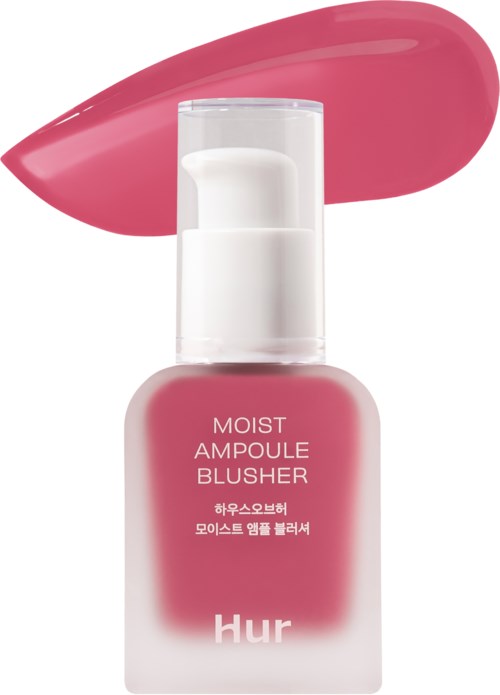 A pink blush bottle with white pump, labeled 'Moist Ampoule Blusher' and some Korean text. A pink smear behind.