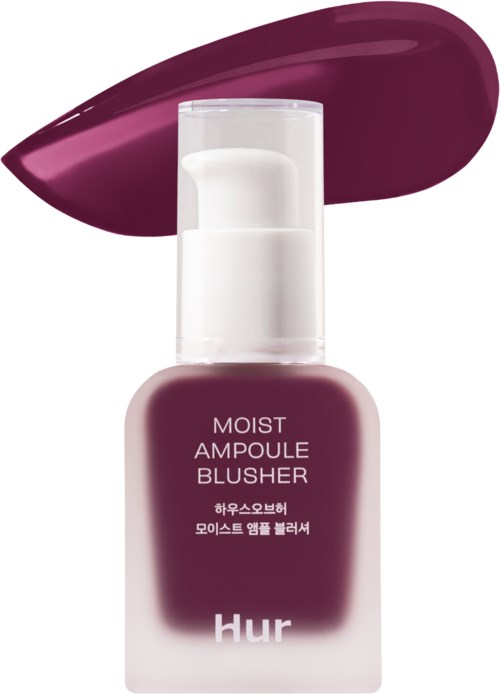 En blushflaska med mörklila lock och en stråk av matchande rouge bakom den.