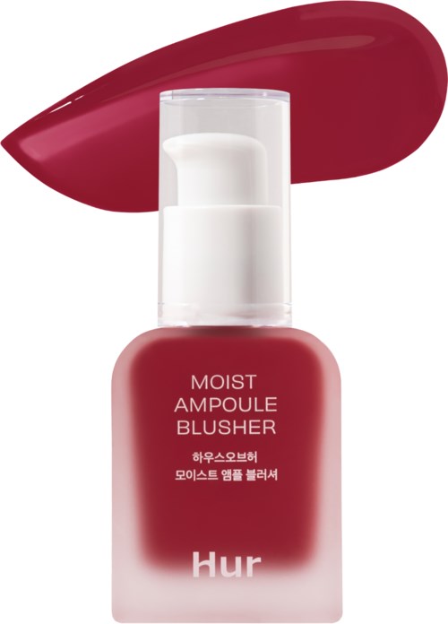 A bottle of blush with a swatch of red color above it, labeled 'Moist Ampoule Blusher' and some Korean characters.