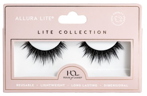 Eine rosa Schachtel enthält falsche Wimpern mit der Aufschrift 'Allura Lite' von House of Lashes, Teil der Lite Collection.
