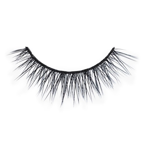 Nahaufnahme von langen, dichten falschen Wimpern mit einer gebogenen schwarzen Band.