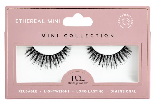 A pink box contains false eyelashes called Ethereal Mini, part of House of Lashes' mini collection. It states they are reusable, lightweight, long-lasting, and dimensional.