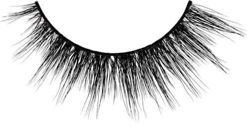 A black-and-white drawing of a closed eye with long, thick eyelashes.